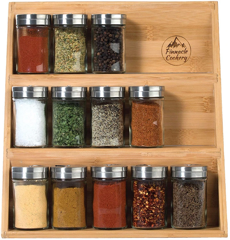 Natural Bamboo Wooden Spice Organizer Multi-Functional Countertop Seasoning Rack with 18 Spice Jars